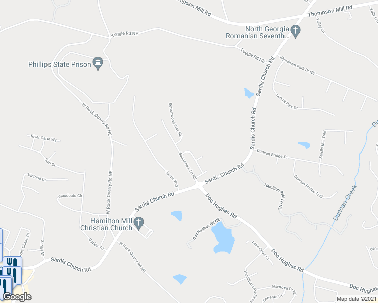 map of restaurants, bars, coffee shops, grocery stores, and more near 2702 Sedgeview Way Northeast in Buford