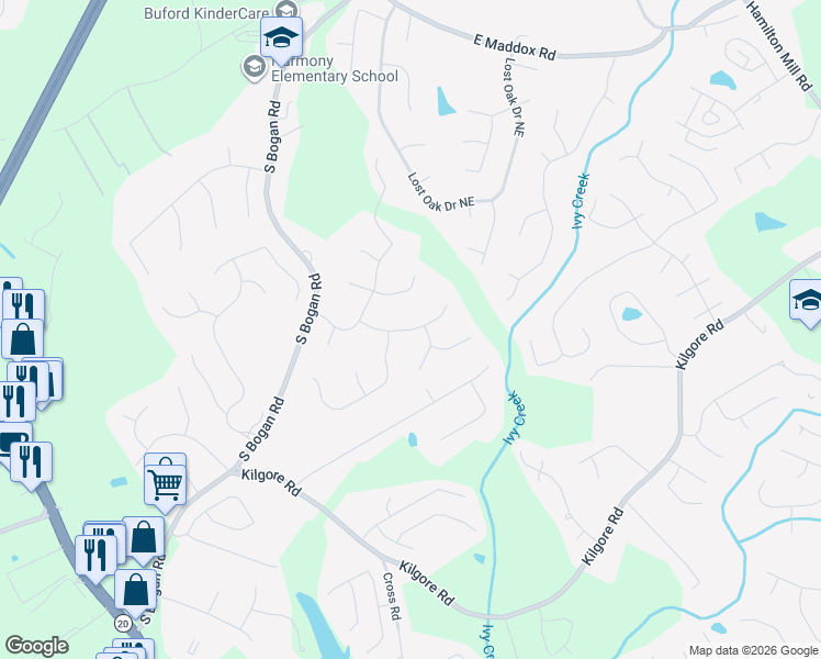 map of restaurants, bars, coffee shops, grocery stores, and more near 2330 Black Bear Court in Buford
