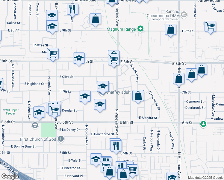 map of restaurants, bars, coffee shops, grocery stores, and more near 1713 Trinity Loop in Ontario
