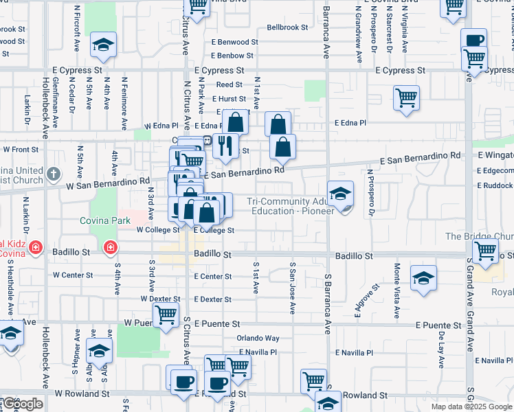 map of restaurants, bars, coffee shops, grocery stores, and more near 250 East School Street in Covina