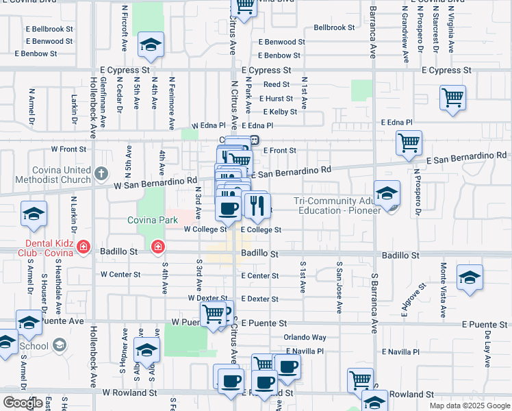 map of restaurants, bars, coffee shops, grocery stores, and more near 318 Pummelo Plaza in Covina