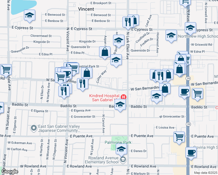map of restaurants, bars, coffee shops, grocery stores, and more near 1413D West San Bernardino Road in Covina