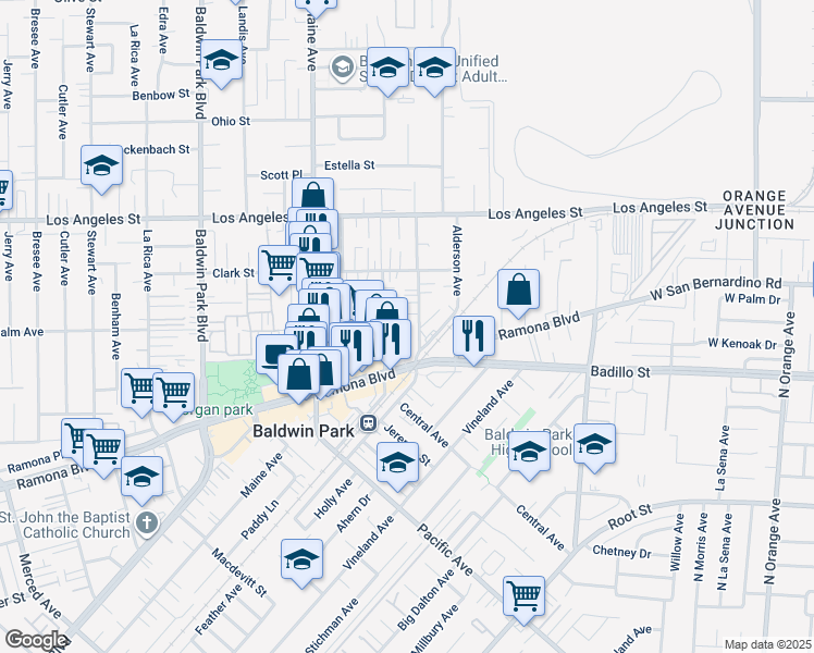 map of restaurants, bars, coffee shops, grocery stores, and more near 4143 Downing Avenue in Baldwin Park