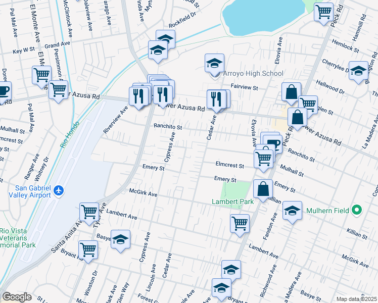 map of restaurants, bars, coffee shops, grocery stores, and more near 11217 Mulhall Street in El Monte