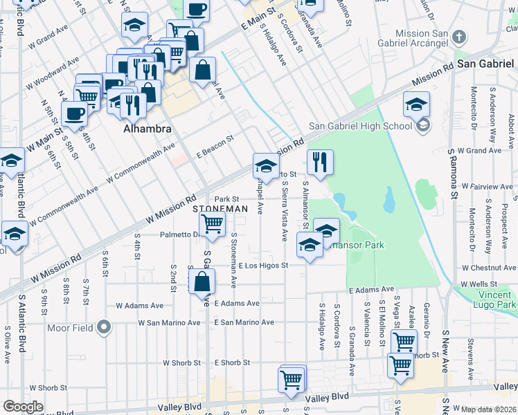 map of restaurants, bars, coffee shops, grocery stores, and more near 1124 East Park Street in Alhambra