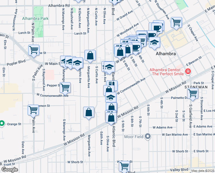 map of restaurants, bars, coffee shops, grocery stores, and more near 208 South Olive Avenue in Alhambra