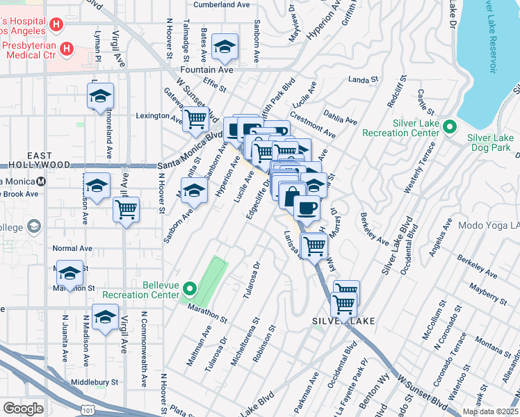 map of restaurants, bars, coffee shops, grocery stores, and more near 1409 Maltman Avenue in Los Angeles