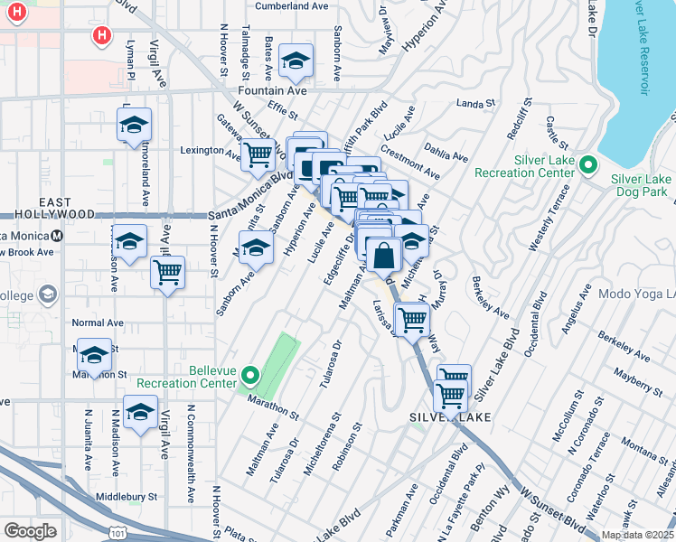 map of restaurants, bars, coffee shops, grocery stores, and more near 1409 Maltman Avenue in Los Angeles