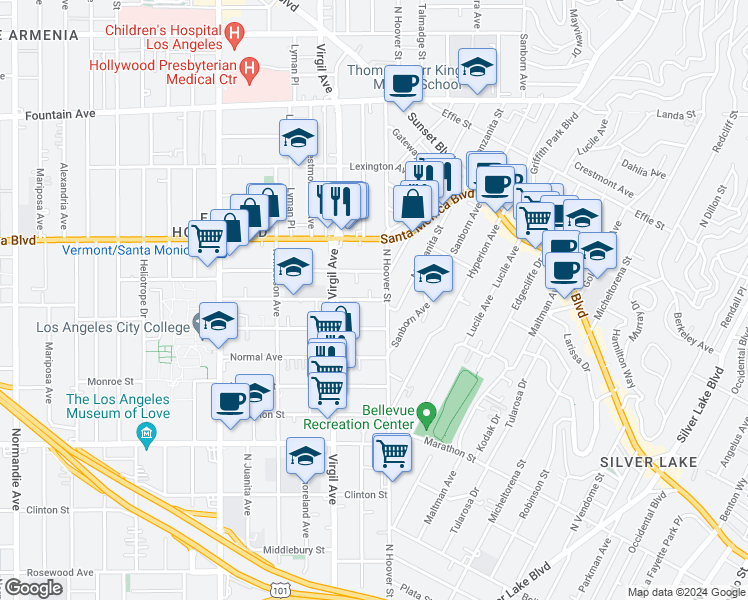 map of restaurants, bars, coffee shops, grocery stores, and more near 4227 1/4 Lockwood Avenue in Los Angeles