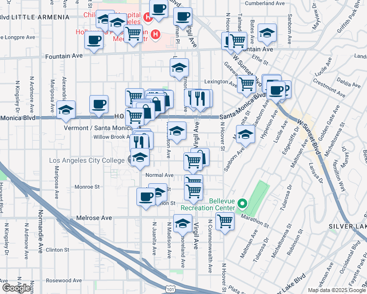 map of restaurants, bars, coffee shops, grocery stores, and more near 4345 Lockwood Avenue in Los Angeles