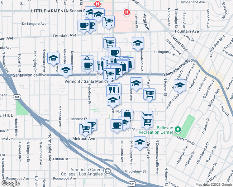 map of restaurants, bars, coffee shops, grocery stores, and more near 954 North Vermont Avenue in Los Angeles