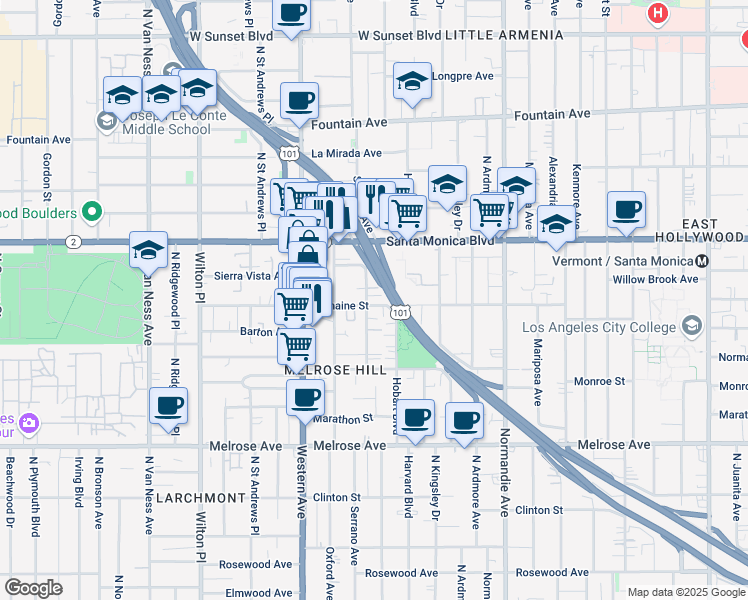 map of restaurants, bars, coffee shops, grocery stores, and more near 1013 North Serrano Avenue in Los Angeles