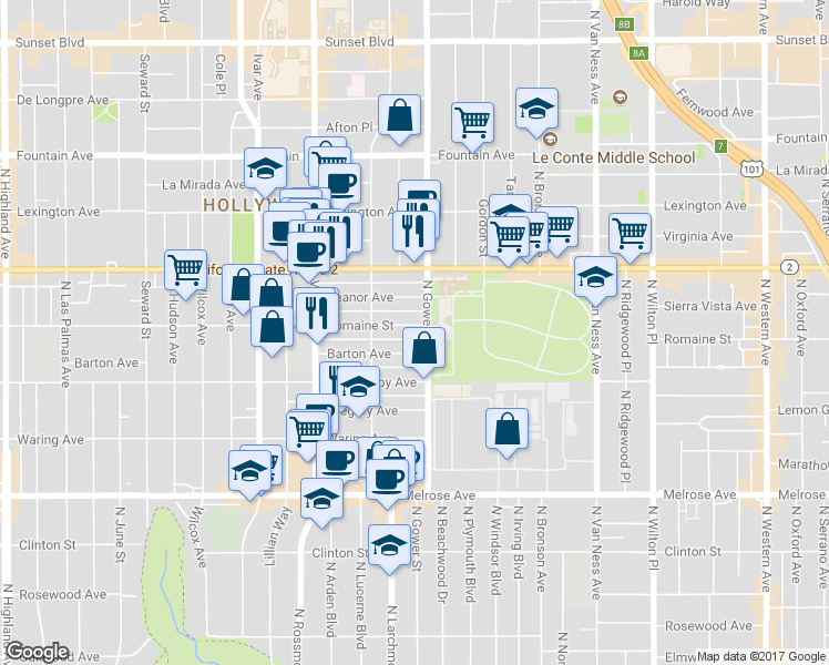 map of restaurants, bars, coffee shops, grocery stores, and more near 6023 Romaine Street in Los Angeles