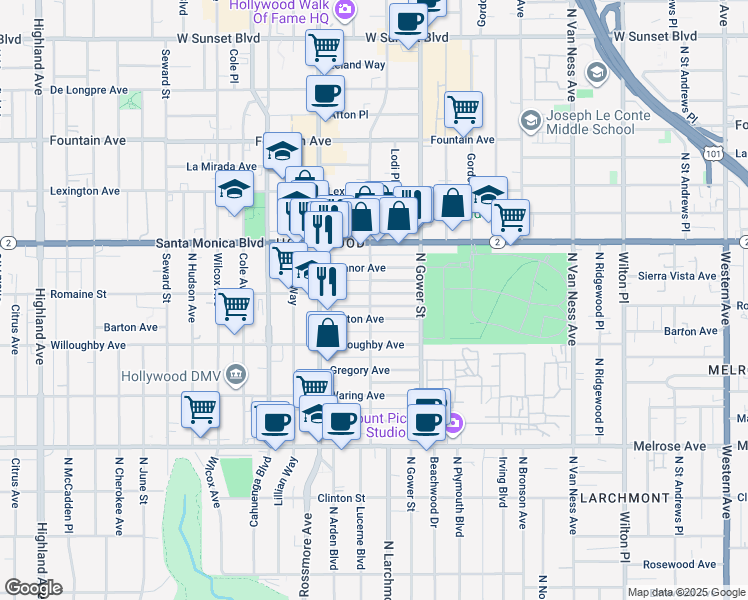 map of restaurants, bars, coffee shops, grocery stores, and more near 6101 Romaine Street in Los Angeles