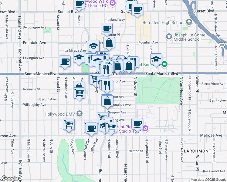map of restaurants, bars, coffee shops, grocery stores, and more near 6143 Romaine Street in Los Angeles
