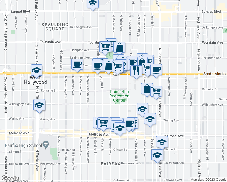 map of restaurants, bars, coffee shops, grocery stores, and more near 1011 North Fuller Avenue in West Hollywood