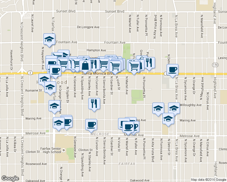 map of restaurants, bars, coffee shops, grocery stores, and more near in West Hollywood