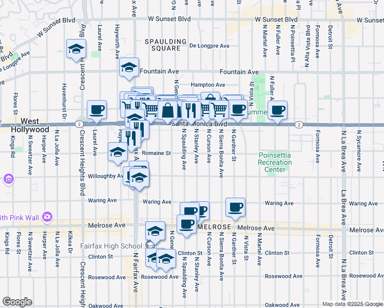 map of restaurants, bars, coffee shops, grocery stores, and more near 7741 Romaine Street in West Hollywood