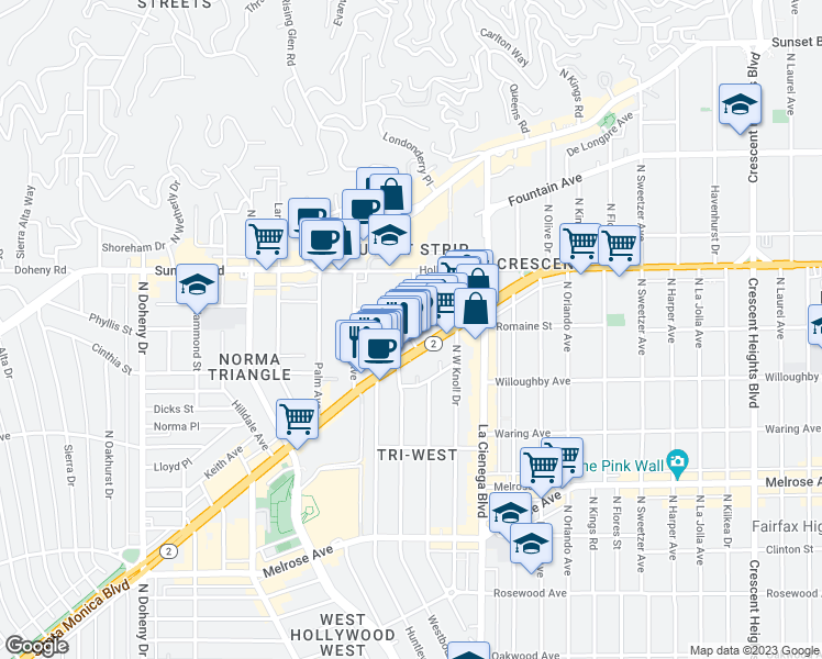 map of restaurants, bars, coffee shops, grocery stores, and more near 8620 North West Knoll Drive in West Hollywood