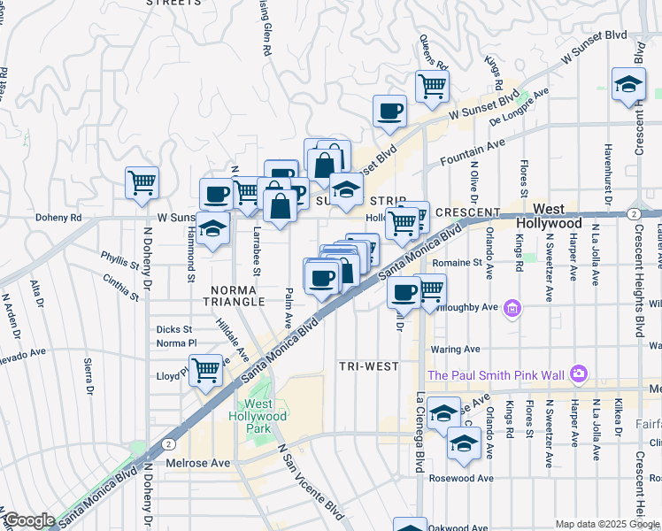 map of restaurants, bars, coffee shops, grocery stores, and more near 980 Hancock Avenue in West Hollywood