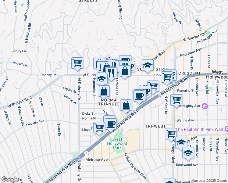 map of restaurants, bars, coffee shops, grocery stores, and more near 965 Larrabee Street in West Hollywood