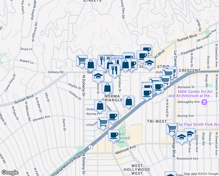 map of restaurants, bars, coffee shops, grocery stores, and more near 955 North San Vicente Boulevard in West Hollywood