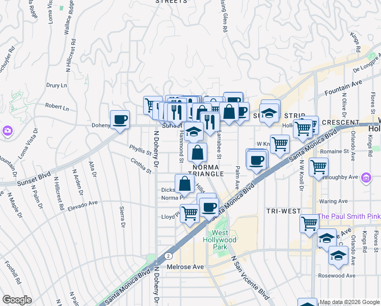 map of restaurants, bars, coffee shops, grocery stores, and more near 967 Hammond Street in West Hollywood