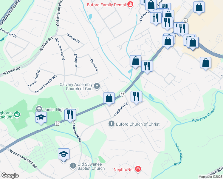 map of restaurants, bars, coffee shops, grocery stores, and more near 1180 Buford Highway in Sugar Hill