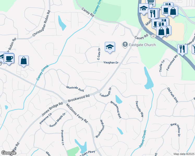 map of restaurants, bars, coffee shops, grocery stores, and more near 3595 Evonvale Overlook in Cumming