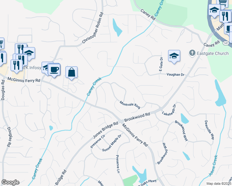 map of restaurants, bars, coffee shops, grocery stores, and more near 3840 Montvale Crossing in Cumming