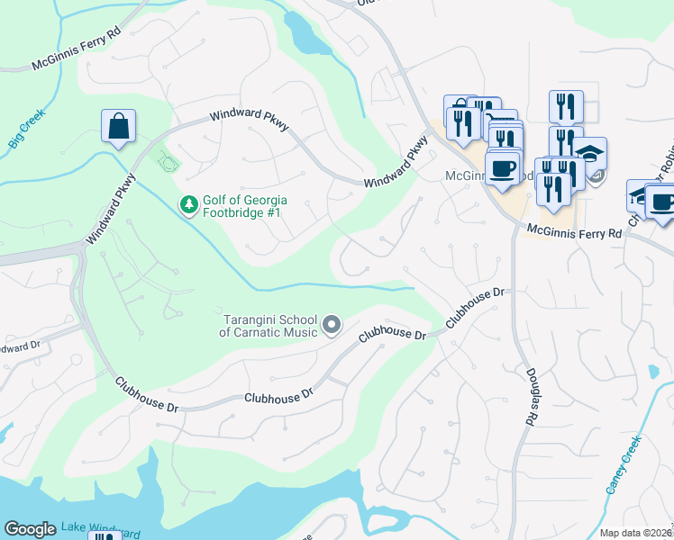 map of restaurants, bars, coffee shops, grocery stores, and more near 7065 Greatwood Trail in Alpharetta