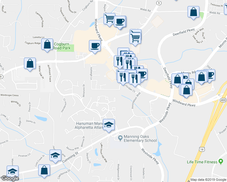 map of restaurants, bars, coffee shops, grocery stores, and more near 2839 Ashleigh Lane in Alpharetta