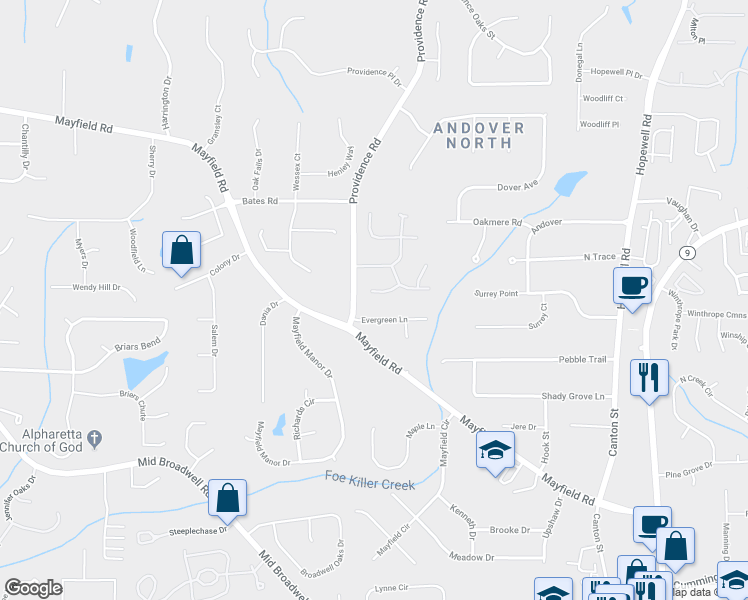 map of restaurants, bars, coffee shops, grocery stores, and more near 250 Fieldstone Court in Alpharetta