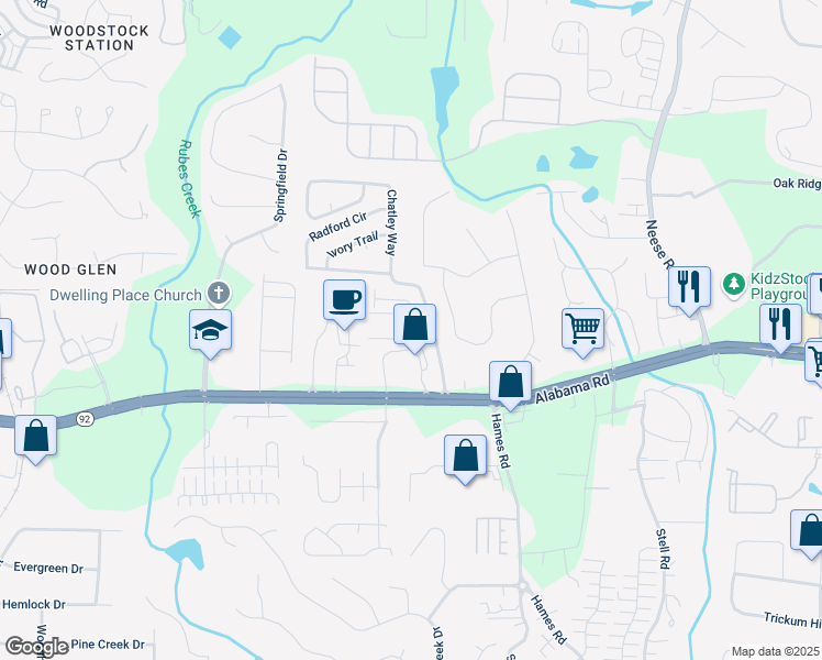 map of restaurants, bars, coffee shops, grocery stores, and more near 717 Woodstock Grove Drive in Woodstock