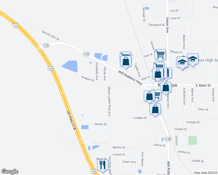 map of restaurants, bars, coffee shops, grocery stores, and more near 149 West Main Street in Nettleton