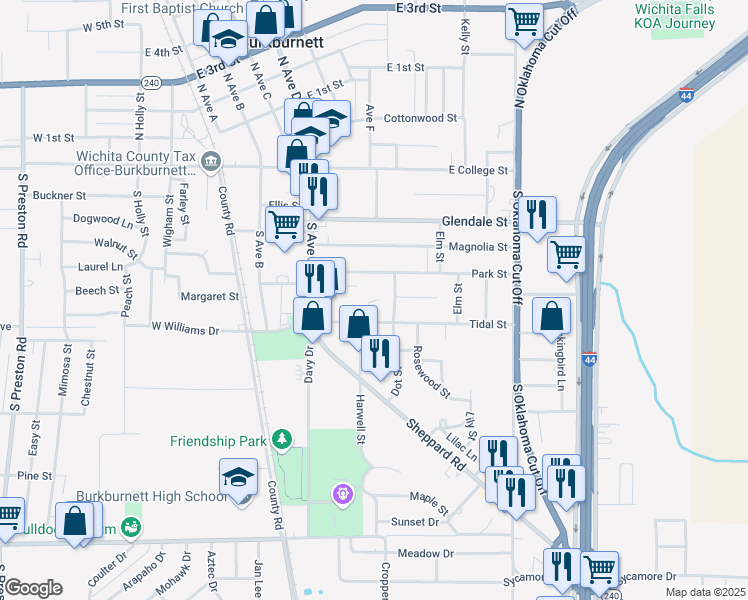 map of restaurants, bars, coffee shops, grocery stores, and more near 507 1/2 Tidal Street in Burkburnett