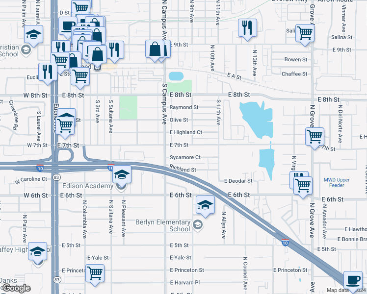 map of restaurants, bars, coffee shops, grocery stores, and more near 832 East 7th Street in Upland