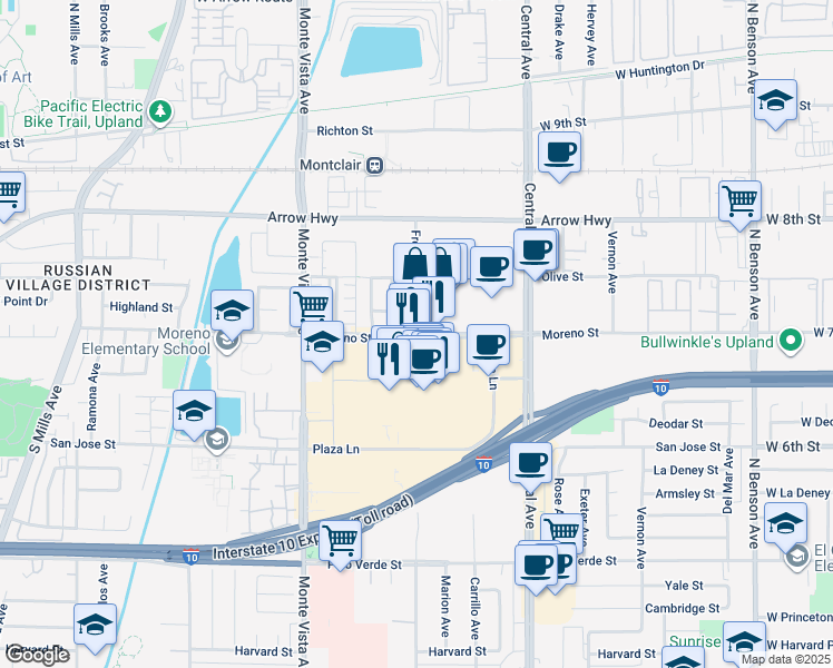 map of restaurants, bars, coffee shops, grocery stores, and more near Moreno Street in Montclair