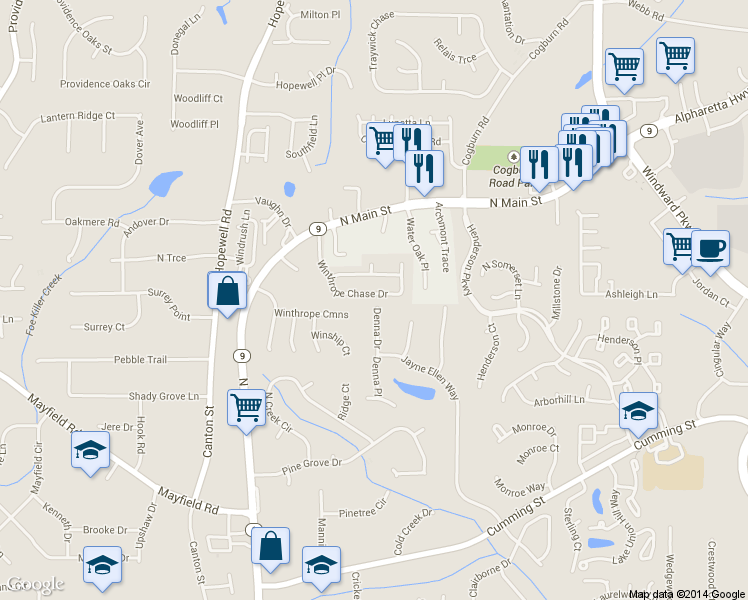 map of restaurants, bars, coffee shops, grocery stores, and more near 1135 Winthrope Chase Drive in Alpharetta
