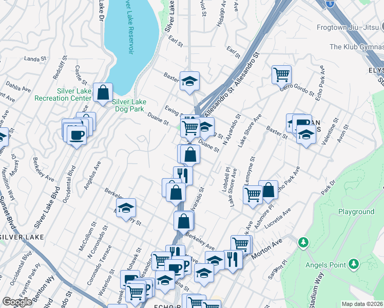 map of restaurants, bars, coffee shops, grocery stores, and more near 2170 Clifford Street in Los Angeles