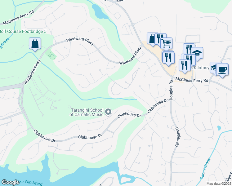 map of restaurants, bars, coffee shops, grocery stores, and more near 7080 Greatwood Trail in Alpharetta