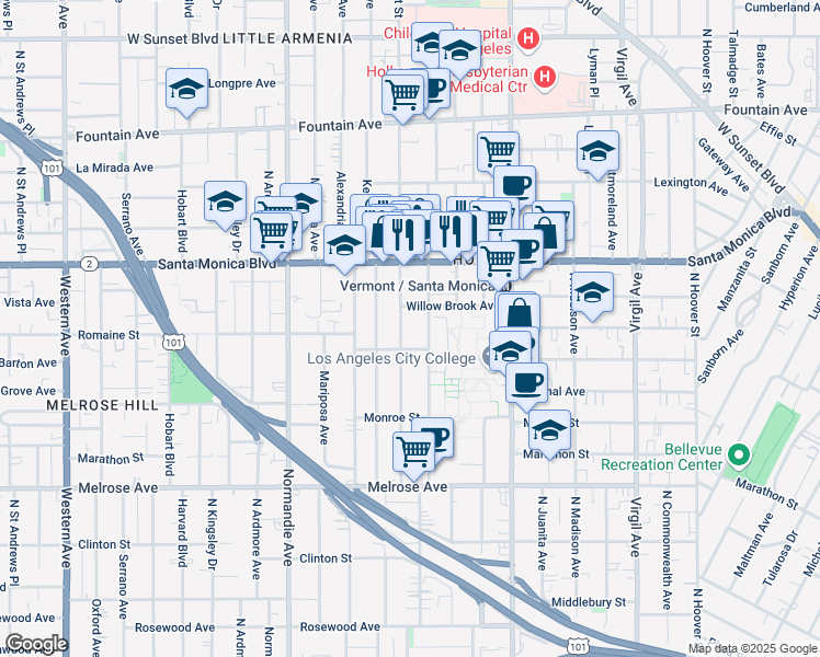 map of restaurants, bars, coffee shops, grocery stores, and more near 922 North Edgemont Street in Los Angeles