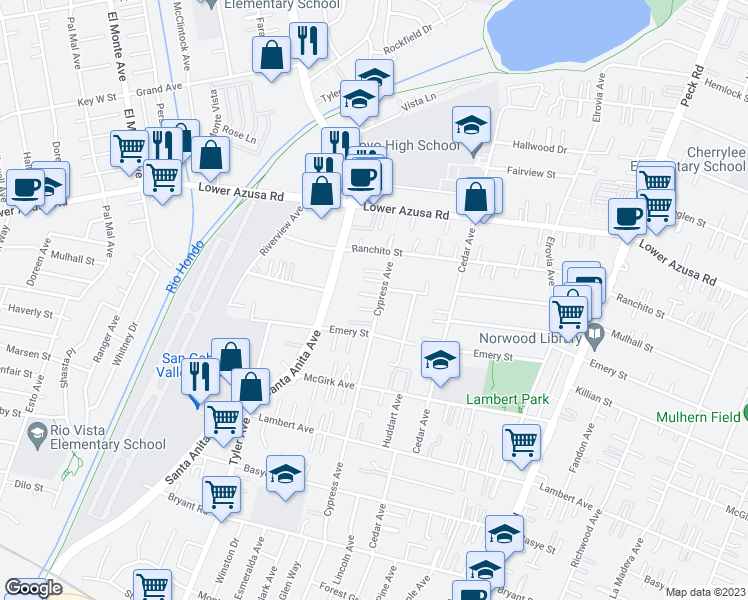 map of restaurants, bars, coffee shops, grocery stores, and more near 4539 Cypress Avenue in El Monte