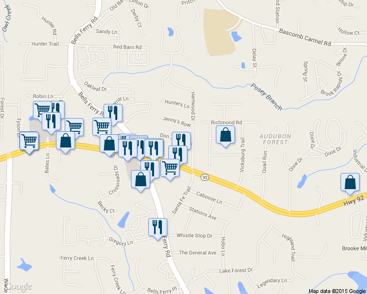 map of restaurants, bars, coffee shops, grocery stores, and more near 203 Don John Trail in Woodstock