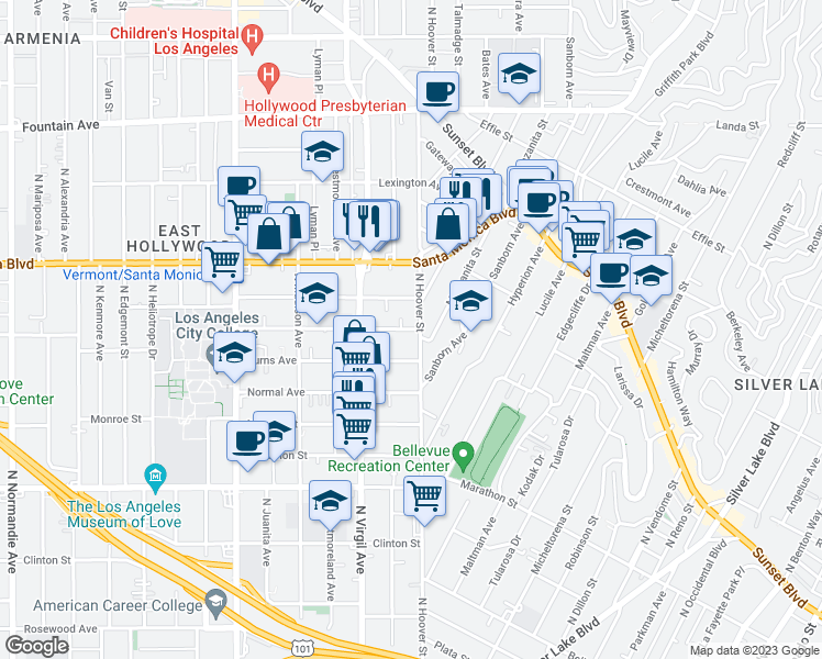 map of restaurants, bars, coffee shops, grocery stores, and more near 4209 Lockwood Avenue in Los Angeles