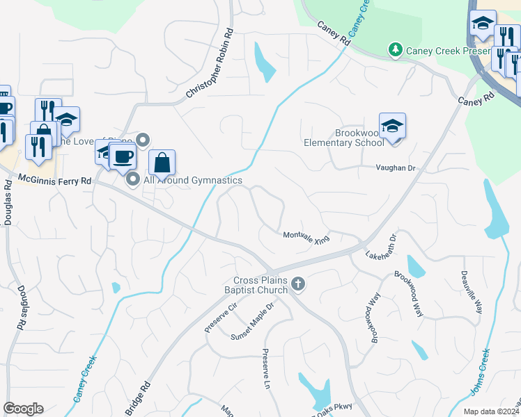 map of restaurants, bars, coffee shops, grocery stores, and more near 3840 Montvale Crossing in Cumming