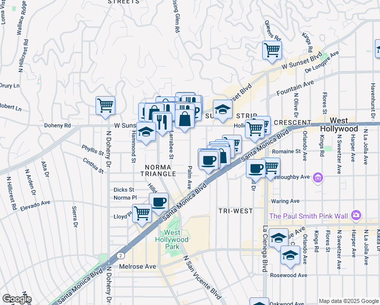 map of restaurants, bars, coffee shops, grocery stores, and more near in West Hollywood