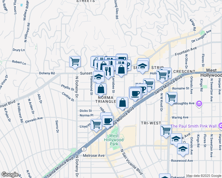 map of restaurants, bars, coffee shops, grocery stores, and more near 949 Larrabee Street in West Hollywood