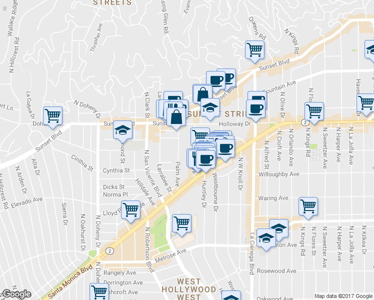 map of restaurants, bars, coffee shops, grocery stores, and more near 980 Hancock Avenue in West Hollywood