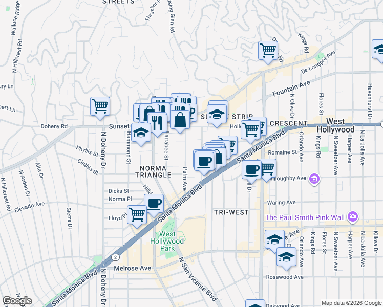 map of restaurants, bars, coffee shops, grocery stores, and more near 956 Palm Avenue in West Hollywood